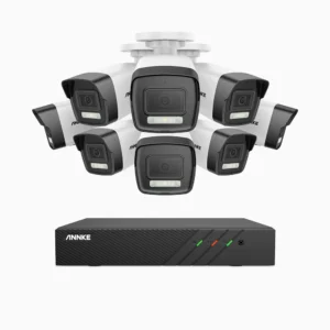 H500P 8CH 3k Poe stebėjimo rinkinys su 8 kameromis, spalvotas ir infraraudonųjų spindulių naktinis matymas, 3072*1728 skiriamoji geba, F/1,6 diafragma (0,005 liuksų), žmogaus ir transporto priemonės aptikimas, įmontuotas mikrofonas, IP67