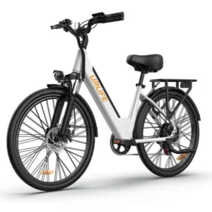 URLIFE E26 elektrinis dviratis 26“ – 350 W variklis – 36 V 13 Ah baterija – nuvažiuojamas atstumas iki 100 km – „Shimano“ 7 pavaros – diskiniai stabdžiai – baltos spalvos.