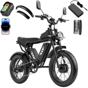 Elektrinis dviratis – 20"*4.0" visureigių padangos – 2000 W variklis – išimama 52 V / 40 Ah baterija – nuvažiuojamas atstumas 80–120 km – „Shimano“ 7 pavaros – juodos spalvos.